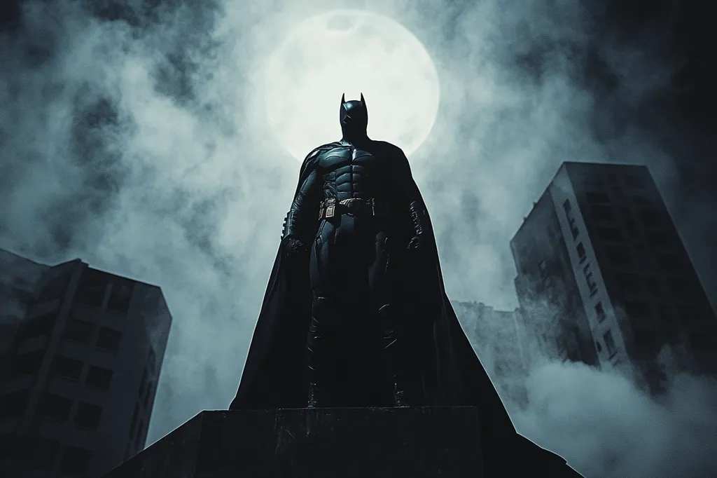 A dramatic image depicts Batman standing on a rooftop, silhouetted against a large, bright moon and a smoky, dark cityscape.  He's clad in his iconic dark suit and cape, his posture commanding and resolute.  The moody atmosphere, filled with fog and shadow, emphasizes the brooding nature of the Dark Knight and the ominous setting.  The contrast between the bright moon and the dark city creates a visually striking image.