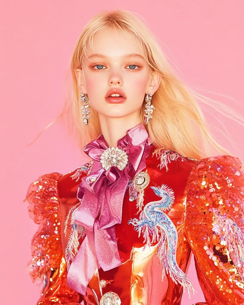 A blonde woman with delicate features and rosy cheeks is the focus of a vibrant fashion photograph.  She wears a striking red sequined jacket adorned with embroidered phoenixes and embellished with jeweled details.  A large pink satin bow accents the collar.  Crystal earrings dangle from her ears, complementing the overall opulent and glamorous aesthetic. The pink background enhances the red of her outfit.  The image is sharp, with a focus on the model's face and the intricate detailing of the clothing.