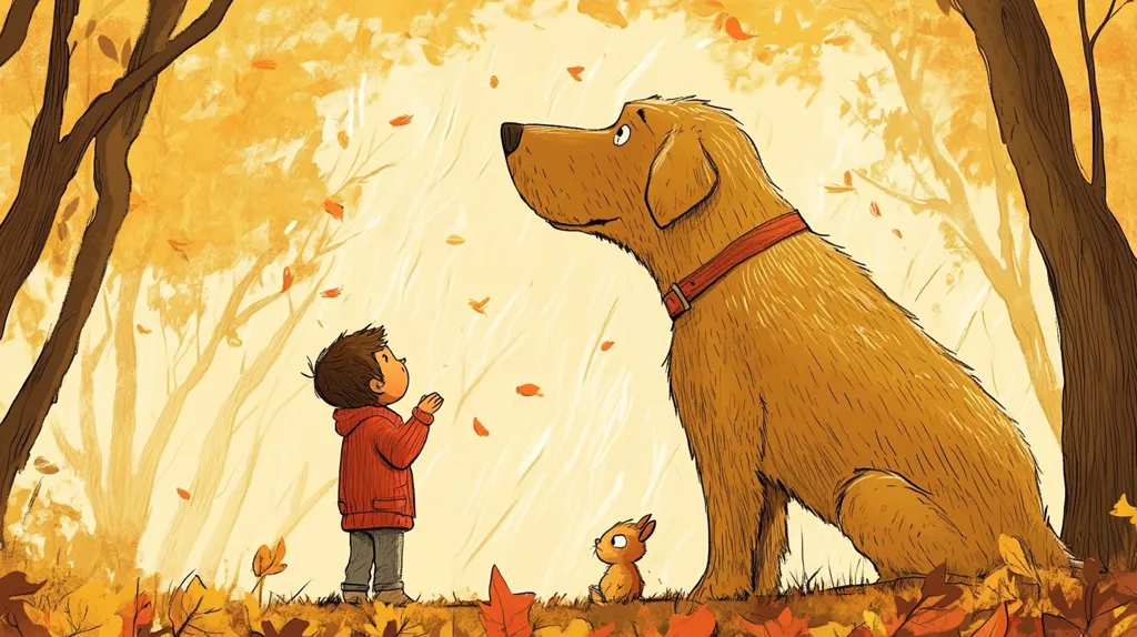 An illustration depicts a heartwarming autumn scene. A small child in a red jacket looks up in awe at a large, friendly golden retriever.  A tiny rabbit sits nearby, observing the pair.  Falling leaves create a golden backdrop against the backdrop of autumn trees, adding to the peaceful, serene atmosphere of the image. The style is whimsical and childlike, suggesting a storybook setting.