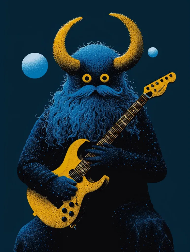 Here's a description of the image:

The illustration depicts a whimsical, furry blue creature, reminiscent of a yeti or monster, with large, yellow horns. It possesses a mustache and wide, round eyes.  The creature is seated and cradles a bright yellow electric guitar, its hands subtly detailed.  The background is a dark teal, with small, pale blue spheres floating, adding to the otherworldly feel. The overall style is stippled or pointillist, giving a textured appearance to the subject and background. The color palette is limited, primarily using blues and yellows, creating a striking contrast. The image conveys a sense of playful mystery and artistic flair.