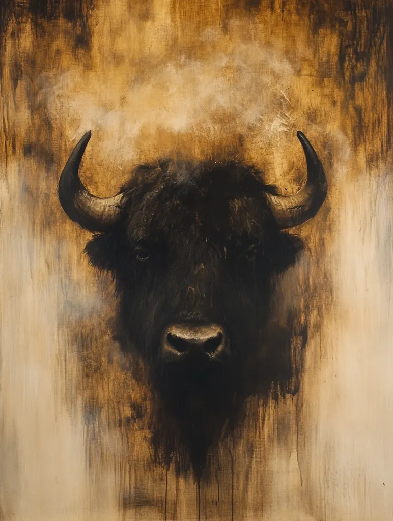 The painting depicts a close-up of a bison's head, its dark, shaggy fur contrasting sharply with a warm, earthy background.  A hazy, smoky effect surrounds the bison's head, adding a mystical or spiritual quality. The painting style is textured and slightly abstract, with visible brushstrokes and drips of paint, giving it a raw, almost melancholic feel. The bison's gaze is direct and intense, commanding the viewer's attention. The overall color palette is dominated by deep browns and golds, suggesting a sense of antiquity and the American West.