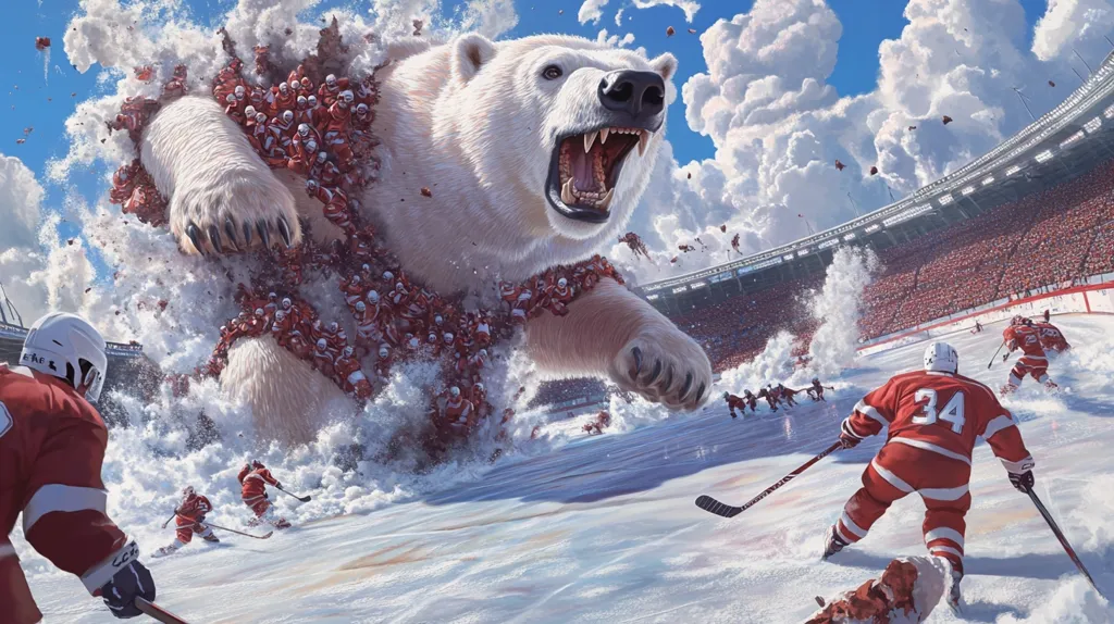 A colossal polar bear, its fur interwoven with numerous hockey players, bursts onto an ice rink.  The bear's powerful presence sends a spray of snow and ice into the air, disrupting a hockey game in progress.  The stadium is filled with spectators, witnessing this incredible, surreal event. The scene is vibrant and dynamic, a striking blend of nature's raw power and the organized chaos of a sporting event.