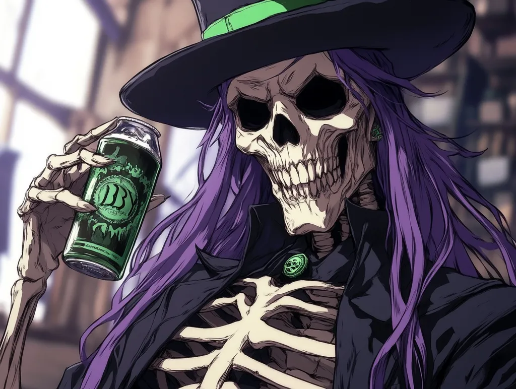 Here's a description of the image:

The illustration depicts a stylized skeletal figure with long, vibrant purple hair, wearing a black top hat adorned with a lime green band. The skeleton has a serious expression and is holding a dark green can of what appears to be a beverage, featuring a stylized logo. The style is reminiscent of anime or graphic novel art, with bold lines and shading. The background is blurred, suggesting an urban setting. The overall aesthetic combines elements of gothic and alternative styles.