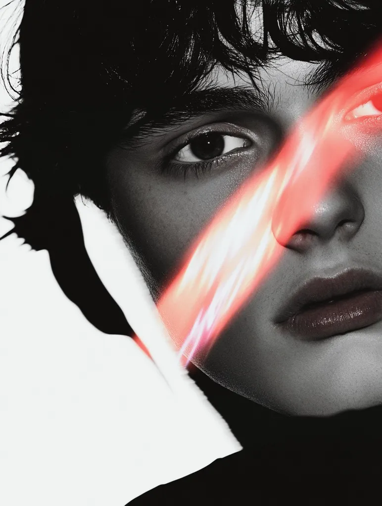 Here's a description of the image:

The close-up shot features a young person with dark, shaggy hair, their face partially obscured by shadow and a dramatic diagonal streak of bright red light.  The grayscale image is punctuated by this vibrant red, which seems to emanate from behind and across the eye and nose. The subject's gaze is intense, and the overall mood is one of edgy, artistic contrast.  The background is largely white, enhancing the focus on the face and the striking light effect.