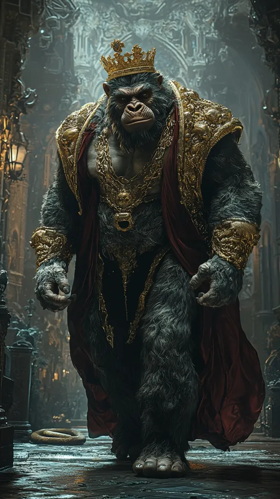 A majestic gorilla, crowned and robed in opulent gold and crimson, strides through a dimly lit, gothic cathedral.  Its powerful frame is adorned with heavy, ornate jewelry, showcasing a regal bearing. The somber atmosphere of the setting contrasts with the gorilla's regal attire, creating a striking visual.  A discarded serpent-like object lies on the floor in the foreground. The image is highly detailed, suggesting a digital creation.