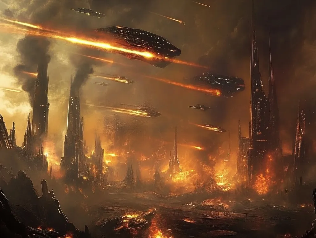 A futuristic cityscape is under fiery attack from a fleet of spaceships.  Tall, dark towers and buildings are engulfed in flames, billowing smoke into the orange-hued sky.  Streaking projectiles arc across the scene, adding to the chaos. The overall atmosphere is one of intense destruction and warfare, suggesting a catastrophic battle in progress. The image is dark and gritty, emphasizing the scale of devastation.
