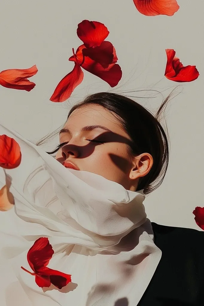 Here's a description of the image:

A young woman with dark hair lies partially draped in a sheer white scarf against a plain off-white background.  Her eyes are closed, and sunlight casts shadows on her face.  She wears a dark jacket.  Numerous red petals, seemingly from a poppy or similar flower, float around her and land on the scarf, creating a dreamlike, ethereal atmosphere. The overall mood is serene and romantic.