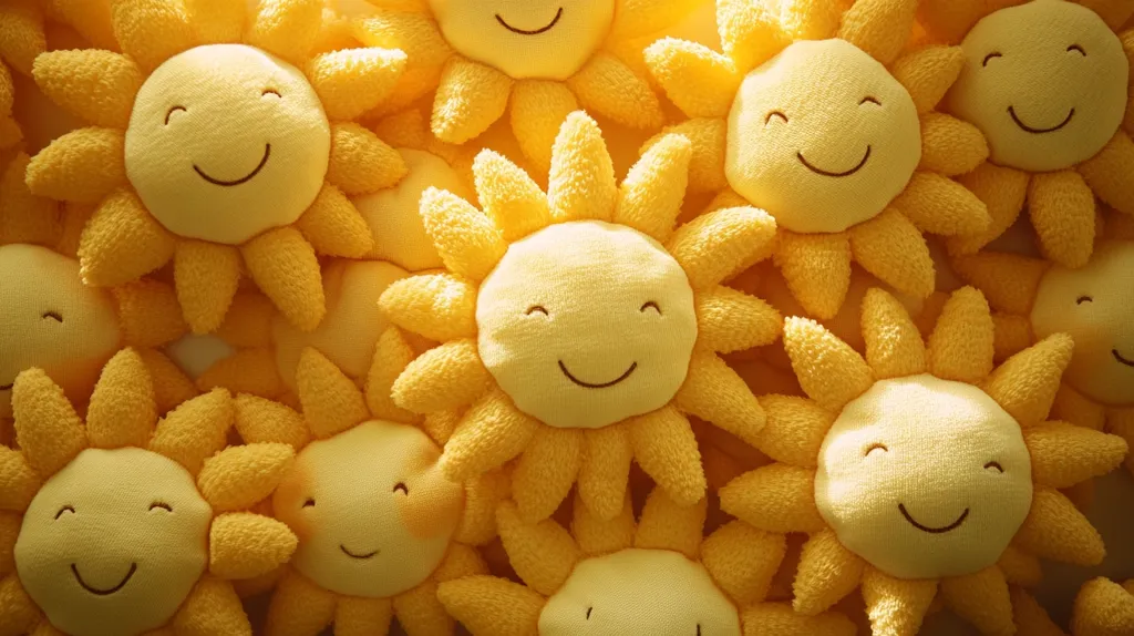 A pile of cheerful, yellow sun-shaped plush toys fills the frame.  Each sun has a smiling face embroidered onto its center, and their soft, textured bodies are a bright, sunny yellow.  They are densely packed together, creating a joyful and whimsical scene, suggesting happiness and warmth. The lighting suggests a sunny day.