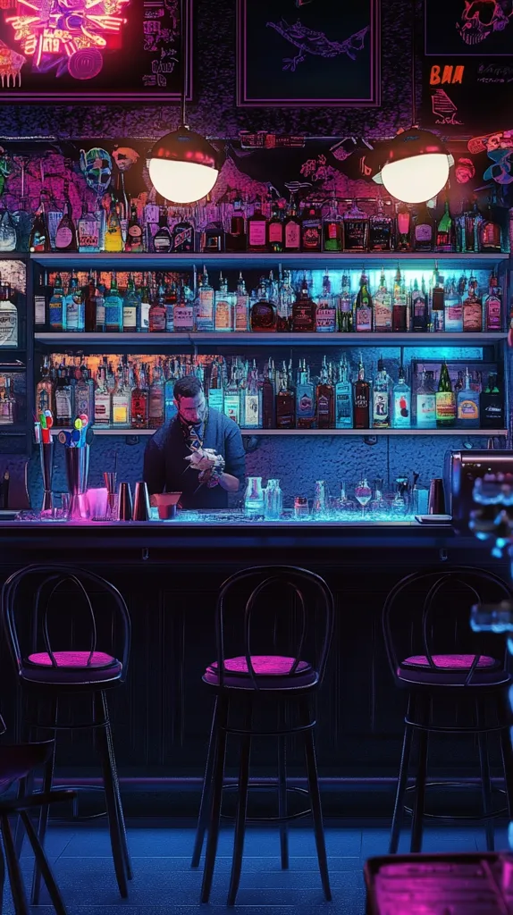 Here's a description of the image:

The illustration depicts a dimly lit, stylish bar bathed in neon hues of pink and blue.  A bartender, centrally positioned, meticulously crafts a cocktail. Behind him, shelves overflow with a diverse collection of liquor bottles. The bar features dark wood paneling, complemented by simple, dark stools with vibrant pink cushions. Neon signs and artwork adorn the walls, adding to the retro, atmospheric ambiance of the scene.  The overall style suggests a cyberpunk or neo-noir aesthetic.