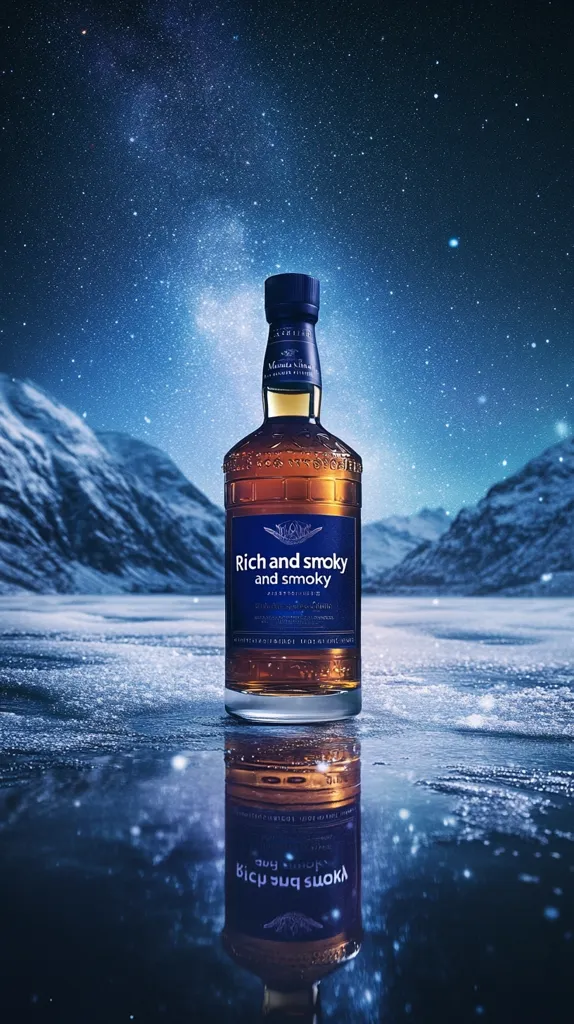 Here's a description of the image:

A bottle of amber-colored whiskey, labeled "Rich and smoky and smoky," stands on a frozen, reflective surface. The background showcases a snowy, mountainous landscape under a deep blue, star-filled night sky. The whiskey bottle's reflection is clearly visible on the icy ground, mirroring the bottle's design and label. The overall scene evokes a sense of coldness, serenity, and the rich, smoky flavor of the whiskey. The image appears to be a product advertisement, highlighting the brand and its taste profile.
