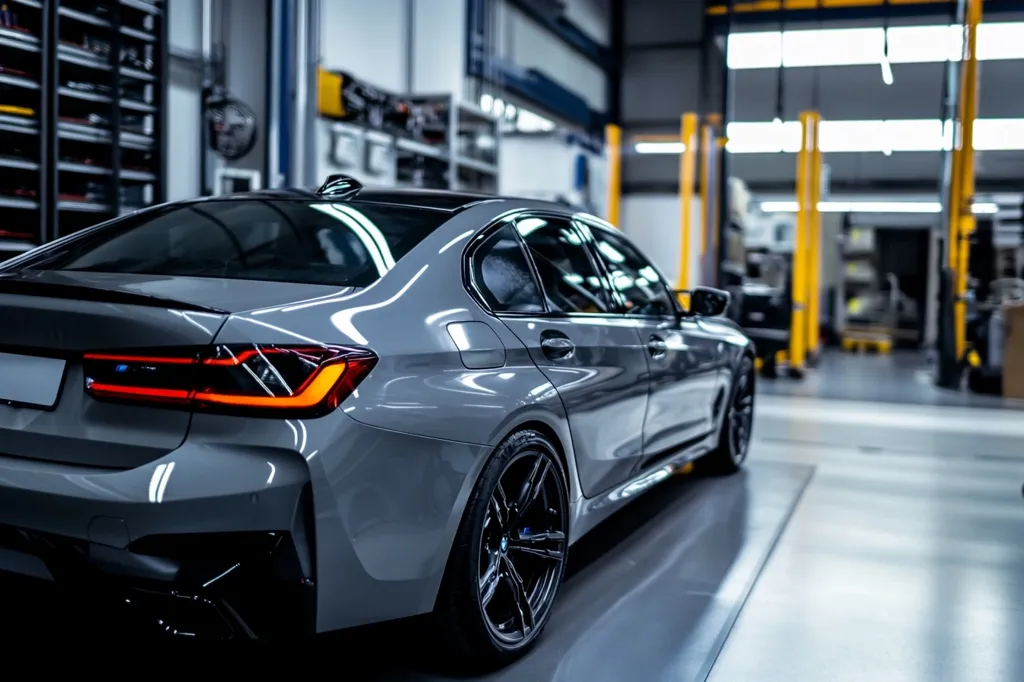 Here's a description of the image:

The photograph showcases a sleek, gray BMW M3 sedan parked in a modern, industrial-style auto repair shop. The car's rear is prominently featured, highlighting its polished paint and sharp lines.  The background is slightly blurred but reveals a spacious workshop with various tools and equipment, suggesting a professional automotive environment. The overall lighting is subdued, with bright spotlights illuminating the car and creating reflections on its surface.  The image conveys a sense of luxury and precision.