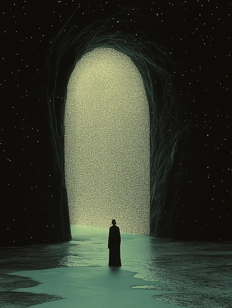 A solitary figure, cloaked in dark robes, stands before a luminous, ovular opening within a cavernous, star-studded rock formation.  The opening emits a soft, ethereal glow, appearing as a shimmering, granular light.  The scene is serene and mysterious, the calm water reflecting the muted light. The overall tone is one of quiet contemplation and otherworldly mystery.