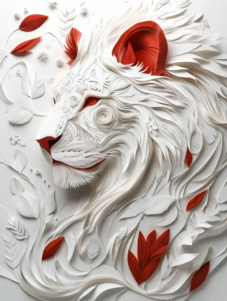 This intricate artwork is a stunning example of paper art.  A white lion's head, rendered in layered, sculpted paper, dominates the piece.  Its mane flows into swirling white paper foliage, punctuated by vibrant red leaves and floral accents. The artist uses depth and texture skillfully, creating a three-dimensional effect that's both delicate and powerful.  The contrast between the white lion and the red details is striking, adding visual interest and energy. The overall effect is a captivating blend of realism and abstract design.