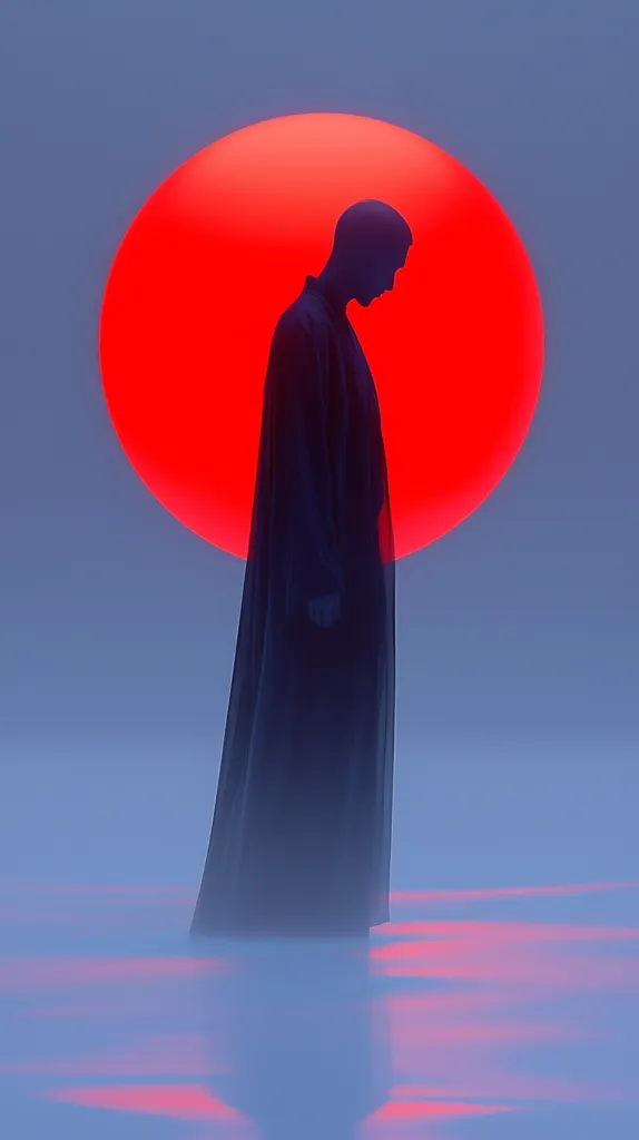 Here's a description of the image:

The image presents a minimalist, almost surreal scene. A dark, cloaked figure, seemingly androgynous, stands before a large, vibrant red orb, reminiscent of a setting sun. The figure is silhouetted, head bowed, suggesting contemplation or sorrow. The setting is a flat, pale surface that reflects the red light, creating a tranquil yet somewhat melancholic atmosphere. The overall style is digital art, with smooth gradients and a focus on shape and color contrast. The scene evokes a feeling of solitude and introspection.