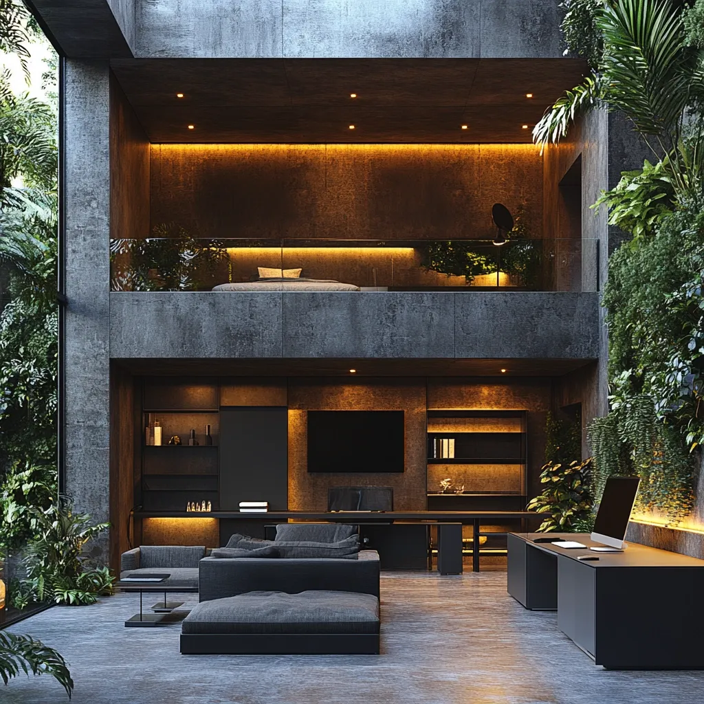 Here's a description of the image:

The image showcases a modern, two-story interior design with a minimalist aesthetic. A large, open-plan living area features dark grey concrete walls and floors, contrasted by warm, golden lighting along the walls.  A mezzanine level, visible above, houses a bedroom.  The ground floor includes a low-slung, dark grey sectional sofa, built-in shelving and cabinetry, and a large flat-screen TV.  Lush green vertical gardens are integrated into the design, creating a stark contrast to the concrete and offering a biophilic element.  The overall ambiance is sophisticated and calm.