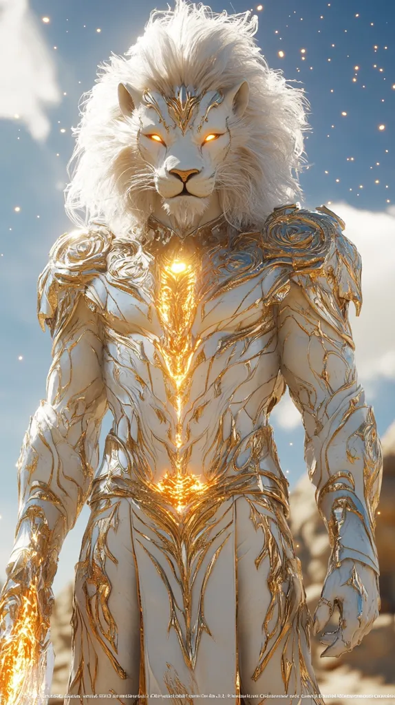 A majestic lion, its white fur flowing, stands adorned in ornate gold and white armor.  The suit is intricately detailed, with flowing lines and golden accents that appear almost liquid.  A radiant, golden light emanates from within the armor, centered on its chest, giving the lion a divine, powerful presence. The background is a hazy, desert-like landscape with a few sparkling particles in the air. The overall image evokes a sense of fantasy and might.