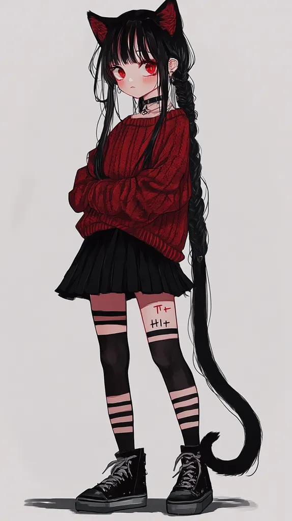 Here's a description of the image:

The illustration showcases an anime girl with striking features.  She possesses long, black hair styled in a braid, cat ears atop her head, and intense red eyes. Her attire consists of a red knitted sweater, a black pleated skirt, black striped thigh-high socks, and black high-top sneakers.  A small, seemingly symbolic marking is visible on her thigh. Her expression is subtly serious, and her long black tail adds a whimsical touch to her overall dark, edgy aesthetic.  The background is a simple, light gray.