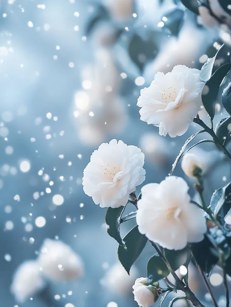 Here's a description of the image:

The photograph showcases a close-up view of delicate, white camellias adorned with a light dusting of snow or frost. The flowers, with their numerous, softly overlapping petals, are the focal point, set against a blurred background of a cool, bluish-grey hue.  Light snow or icy particles fall gently in the background, adding to the ethereal, wintery atmosphere. The dark green leaves provide contrast to the bright white blooms, enhancing the overall beauty of the scene. The image evokes a sense of serene beauty and the quiet elegance of winter.
