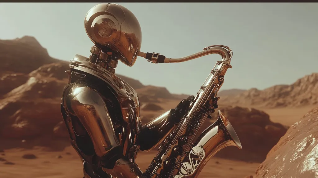 Here's a description of the image:

A polished, chrome-like robot, clad in what seems to be a spacesuit, plays a saxophone. The robot's design is sleek and somewhat humanoid, with a smooth, reflective surface. It stands against a stark, reddish-brown desert landscape, with barren, rocky hills under a clear, bright sky. The contrast between the metallic robot and the arid environment is striking. The robot's pose suggests concentration as it plays the saxophone.  The overall impression is one of serene solitude and unexpected artistry in a desolate setting.