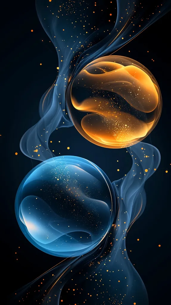 Here's a description of the image:

The image is an abstract artwork featuring two luminous orbs, one amber and one sapphire blue, suspended against a dark, navy backdrop.  They appear translucent, revealing internal swirling patterns reminiscent of nebulae.  Intricate, ethereal, smoke-like forms in shades of blue intertwine between and around the orbs, adding depth and movement.  Scattered golden specks resemble stars or dust, enhancing the cosmic feel. The overall aesthetic is dreamy and otherworldly, suggesting a celestial or fluid dynamic.