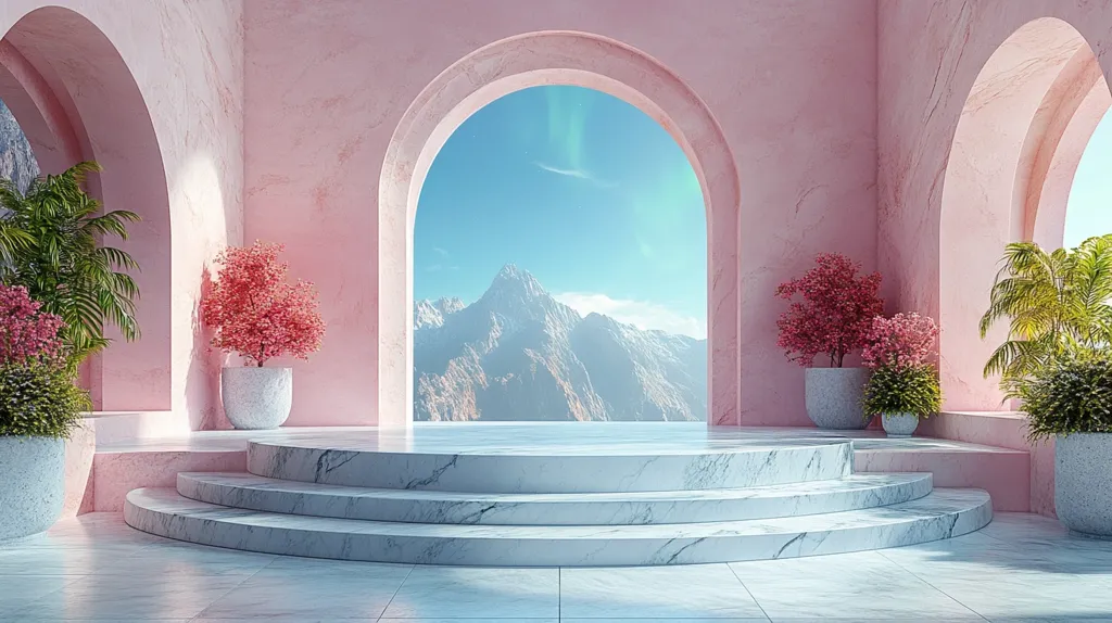 A serene scene unfolds within a pink architectural space.  A large, arched window reveals a breathtaking vista of snow-capped mountains under a clear blue sky.  A circular, three-tiered marble staircase sits before the window, flanked by potted plants: vibrant pink flowering shrubs and lush green tropical foliage. The overall aesthetic is minimalist and tranquil, evoking a sense of calm and luxury.