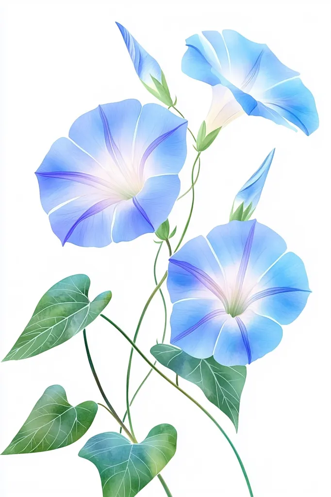 Here's a description of the image:

The illustration showcases three delicate light blue morning glories in various stages of bloom.  Two are fully opened, revealing their pale centers, while a third is a closed bud.  These blossoms are elegantly arranged on slender, winding stems, accented by heart-shaped leaves rendered in soft greens. The style is watercolor-like, with gentle color gradients and a soft focus, creating a serene and ethereal effect against a stark white background.  The overall impression is one of delicate beauty and natural grace.