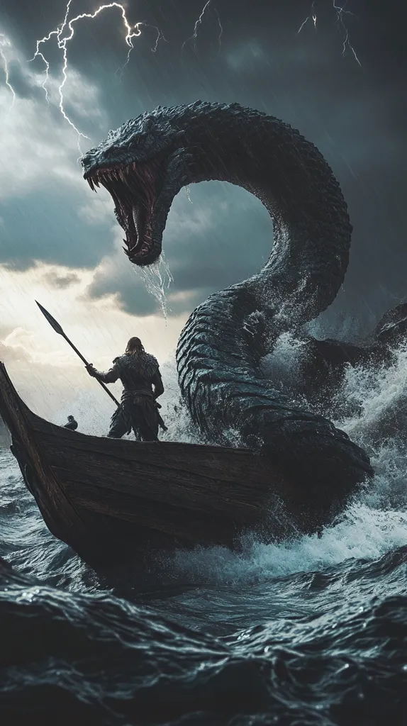 A Viking warrior, armed with a spear, stands defiantly in a longboat as a colossal sea serpent rises from the stormy ocean.  Lightning cracks across a dark, turbulent sky. The serpent's massive head looms over the boat, its jaws agape, creating a dramatic scene of man versus mythical beast amidst a raging tempest. The image evokes themes of bravery, mythology, and the power of nature.