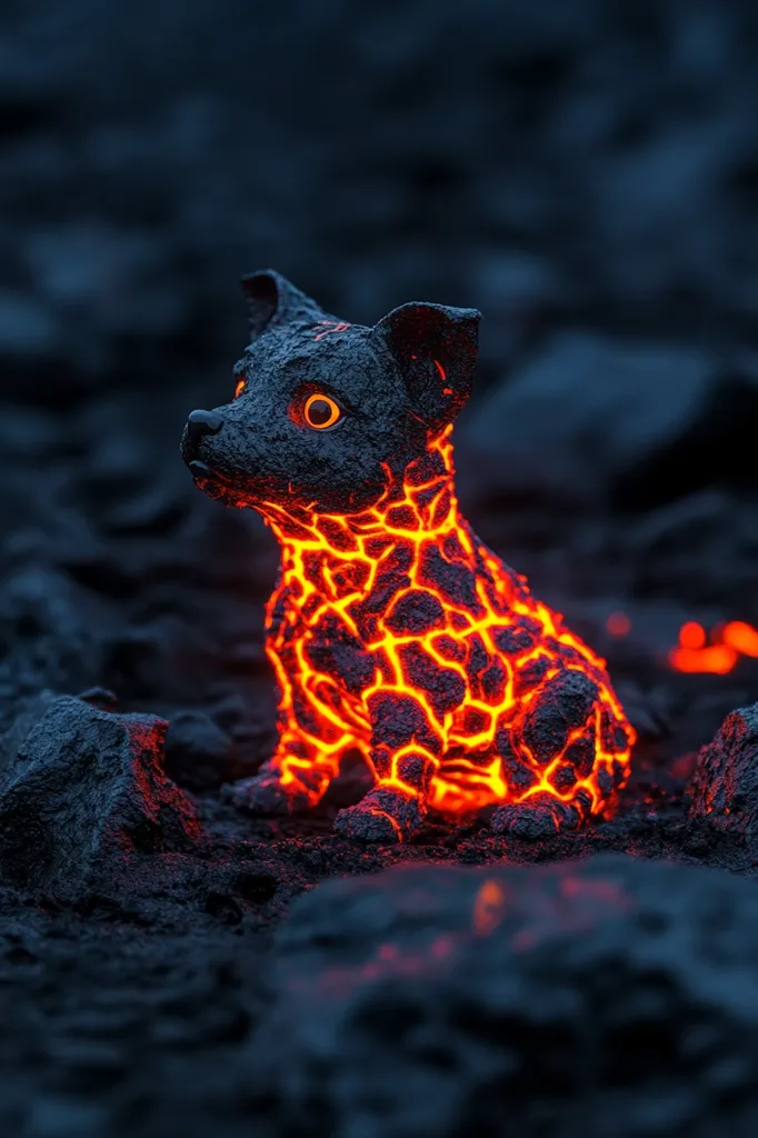 Here's a description of the image:

The image showcases a captivating 3D rendering of a puppy seemingly sculpted from solidified lava. The puppy's form is textured with dark, rough surfaces, yet glows with vibrant, internal orange and red hues suggestive of molten lava within. The glowing effect is most prominent in the cracks and crevices of the "lava rock" puppy, giving the impression of inner heat. The puppy sits amidst a field of dark, volcanic rocks, enhancing the otherworldly ambiance. The overall scene is striking and surreal, blending realism and fantasy.