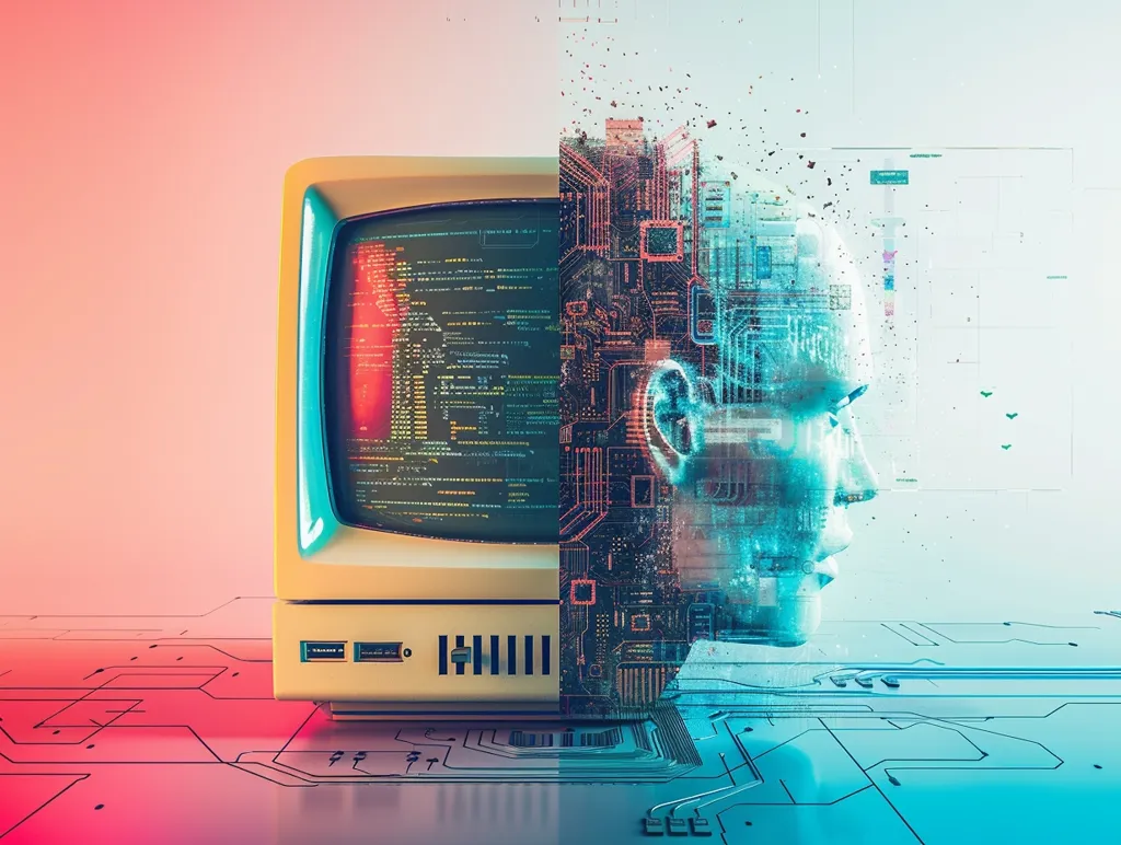 Here's a description of the image:

The image is a digital artwork depicting a vintage computer monitor merging with a stylized, translucent human head. The monitor displays lines of code, while the head is composed of circuit board patterns, suggesting a connection between technology and human consciousness.  The color scheme is a blend of warm, reddish tones on the monitor side and cool, cyan tones on the head side, separated by a clear division. The overall aesthetic is modern and slightly surreal, representing the convergence of artificial intelligence and human intellect.  The scene is set on a circuit board background, reinforcing the technological theme.