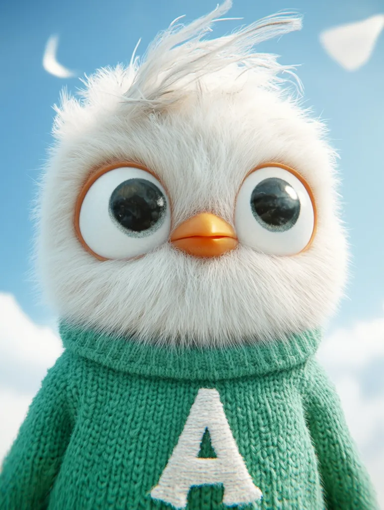 Close-up view of a fluffy, white chick wearing a teal knitted sweater with a large white "A" embroidered on the front.  The chick has large, expressive eyes and a slightly tousled white crest.  The background is a soft blue sky with a few wisps of white cloud and paper-like shapes. The overall style is cute and cartoonish, possibly a character from an animated film or game.