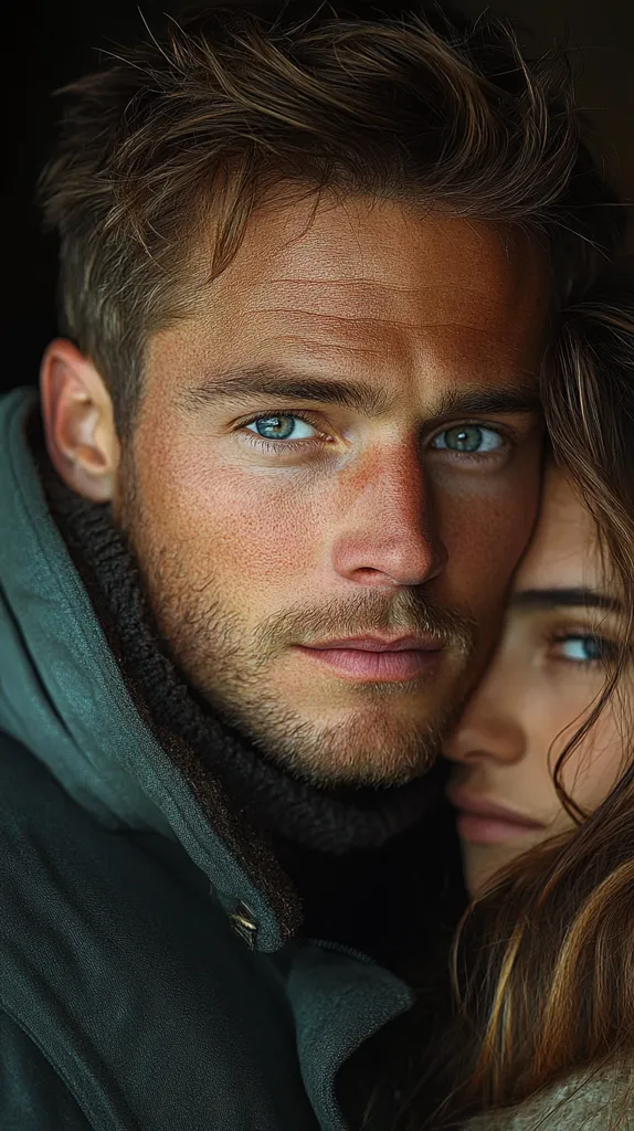 Close-up portrait of a handsome man with light brown hair and intense blue eyes. He's wearing a dark green jacket with a fleece lining.  A woman with long brown hair rests her head on his shoulder, only her face partially visible. The mood is intimate and sensual, emphasizing the man's features and the closeness of the couple.  The background is dark and out of focus, drawing attention to the subjects. The lighting is soft and natural, highlighting their skin tones.