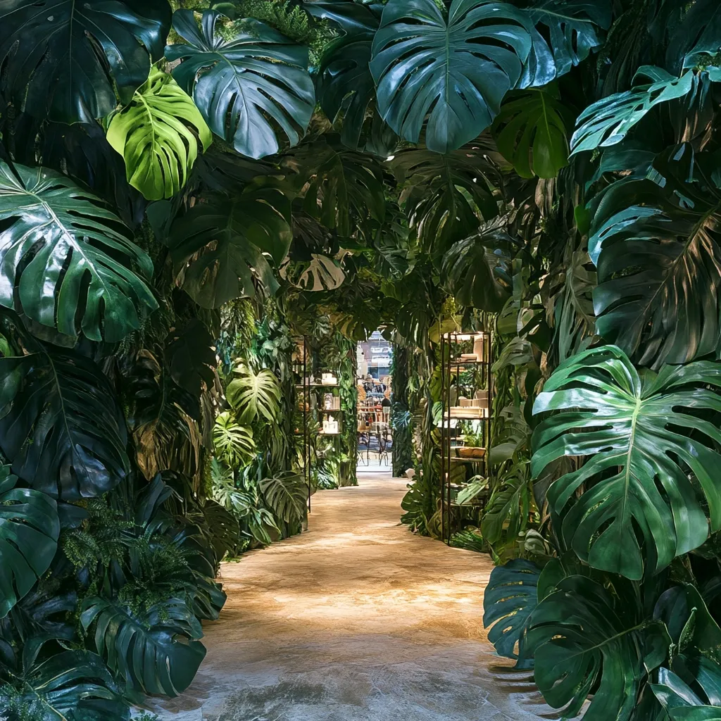 A lush, verdant pathway is created by walls of large, vibrant tropical leaves, primarily monstera deliciosa.  These form a tunnel-like effect leading to a partially visible shop interior with shelves displaying merchandise.  The flooring is a light-brown stone, contrasting with the deep green foliage. The overall atmosphere is serene and immersive, suggesting a botanical-themed retail space or display.