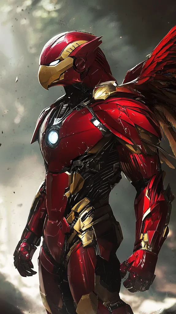 The image shows a striking depiction of a superhero, seemingly a fusion of Iron Man and a falcon.  Clad in a predominantly crimson and gold armored suit, the figure boasts a bird-like head, complete with a powerful beak and intense gaze.  Large, feathered wings extend from the back, adding a majestic, avian quality to the otherwise technologically advanced suit. The background is a dramatic blend of greys and muted browns, enhancing the contrast of the vibrant armor. The overall impression is one of power, strength, and a unique blend of human and avian features.