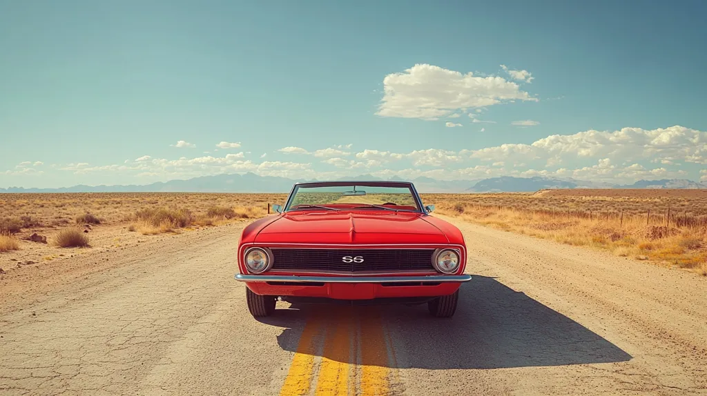 A classic red Chevrolet Camaro SS convertible is the focal point of this image.  It sits in the center of a desolate, dusty road stretching across a wide, flat expanse of desert under a bright, mostly clear sky.  The vast, arid landscape and the vintage car create a feeling of freedom and classic Americana.  A hint of mountains is visible on the horizon. The scene evokes a sense of adventure and open road travel.