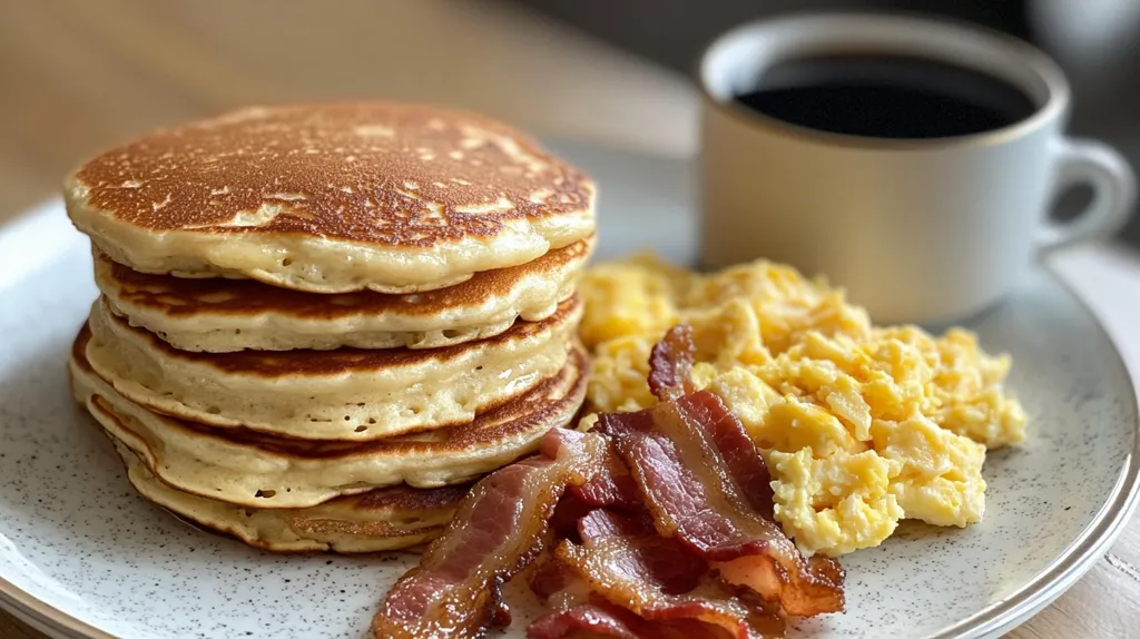 Here's a description of the image:

A delicious breakfast is presented on a speckled gray plate.  A stack of golden-brown pancakes takes center stage, accompanied by a generous portion of fluffy scrambled eggs and crispy bacon strips. A cup of coffee sits in the background, adding to the overall inviting ambiance of a classic breakfast scene. The lighting and presentation suggest a home-cooked meal, emphasizing warmth and comfort.