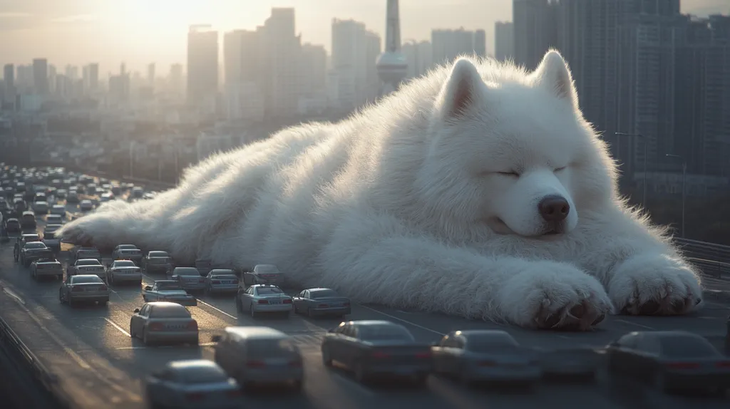 Here's a description of the image:

A colossal white Samoyed dog lies peacefully asleep across a busy city highway.  Its enormous size dwarfs the cars navigating the road below, which appear miniature in comparison.  The city skyline, hazy with a late afternoon or early morning light, forms a backdrop to this surreal scene. The dog's fur is meticulously detailed, showing soft highlights and shadows, emphasizing its immense scale and fluffy texture. The overall mood is peaceful yet slightly whimsical, juxtaposing the tranquility of the dog with the hustle of urban traffic.