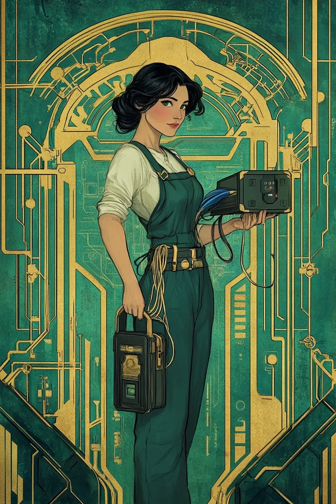 A stylized illustration depicts a woman, possibly a technician or engineer, against a teal and gold Art Deco background.  She's dressed in jade green overalls and a white shirt, holding two dark-green technological devices.  The background features intricate gold circuitry, suggesting a futuristic or technologically advanced setting.  Her expression is serious and confident, emphasizing her expertise. The overall style is reminiscent of vintage science fiction or pulp art.