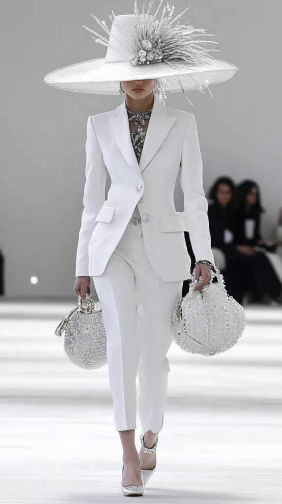 A model strides down a runway, showcasing a striking all-white ensemble.  The outfit consists of a crisp, tailored pantsuit and dazzling silver accessories. A large, wide-brimmed hat, adorned with sparkling silver embellishments, draws the eye.  She carries two similarly embellished handbags, completing the monochromatic yet opulent look. Silver jeweled heels add a final touch of glamour. The overall effect is one of sophisticated elegance and high fashion.