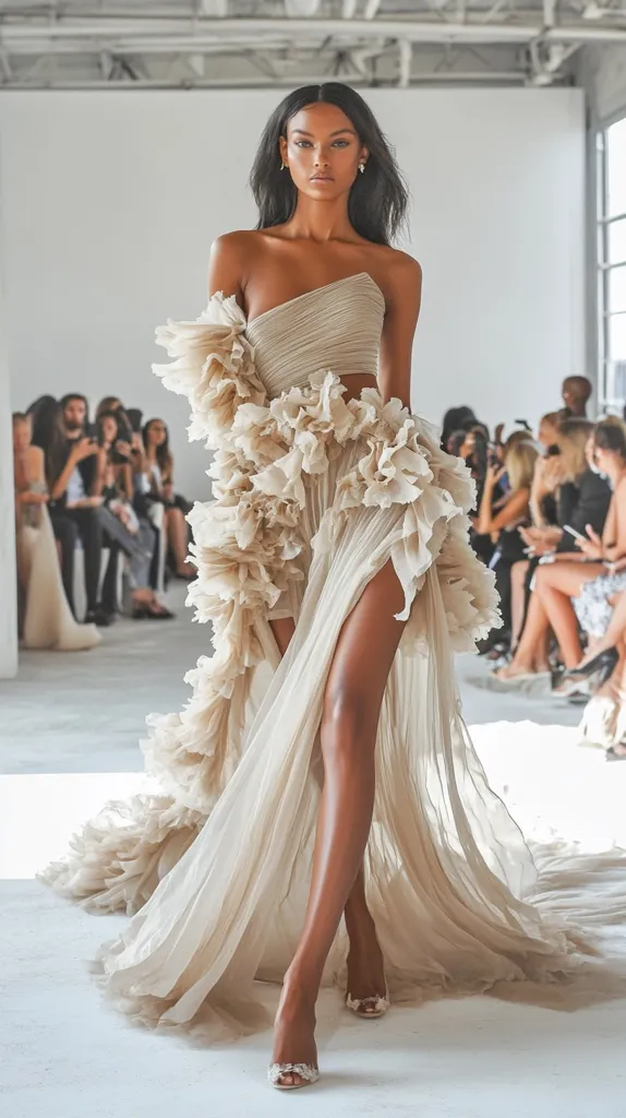A dark-skinned model strides confidently down a runway in a stunning, champagne-colored gown.  The strapless dress features a pleated bodice and a flowing, high-slit skirt adorned with voluminous ruffles.  The off-the-shoulder ruffle detail adds a dramatic, romantic element. Her elegant, embellished heels complement the ethereal design. The background shows a seated audience, blurred to focus attention on the model and her dress.  The overall setting suggests a high-fashion bridal or haute couture show.