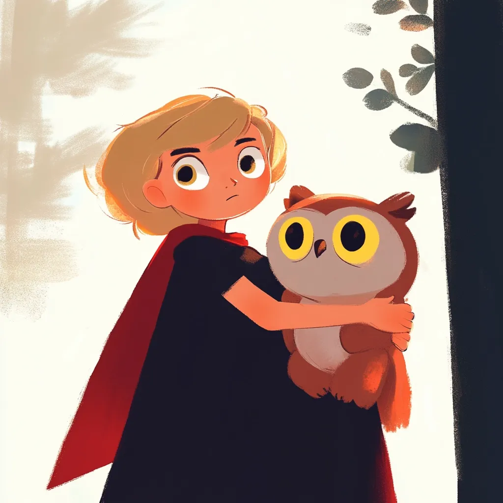 Here's a description of the image:

The illustration depicts a young girl with short blonde hair, wearing a black dress and a red cape. She holds a large, stylized owl close to her body.  The girl has large, expressive eyes and a slightly serious expression. The owl is brown with prominent yellow eyes. The background is softly rendered with suggestions of trees and sunlight, creating a gentle, whimsical atmosphere. The overall style is cartoonish and vibrant, suggesting a children's book illustration or a character design. The scene evokes a sense of quiet companionship and adventure.