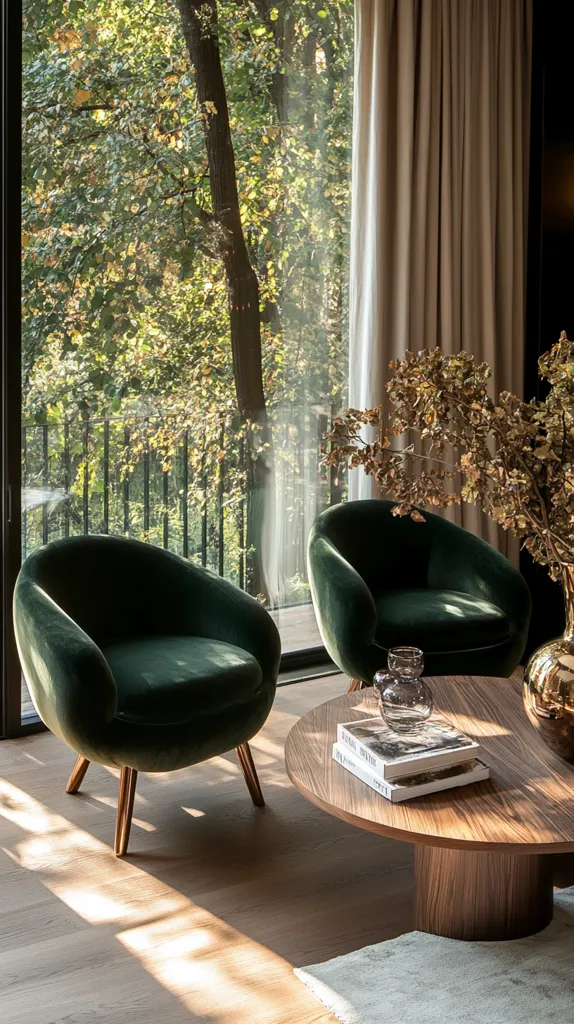 Sunlight streams through a large window overlooking a lush green forest, illuminating two plush, emerald green armchairs positioned around a circular coffee table.  The table holds a couple of art books and a glass vase.  Beige curtains frame the window, adding a touch of elegance to the scene. Dried floral branches add a natural element, completing the tranquil, sophisticated atmosphere. The hardwood floor reflects the sunlight, enhancing the room's warmth.