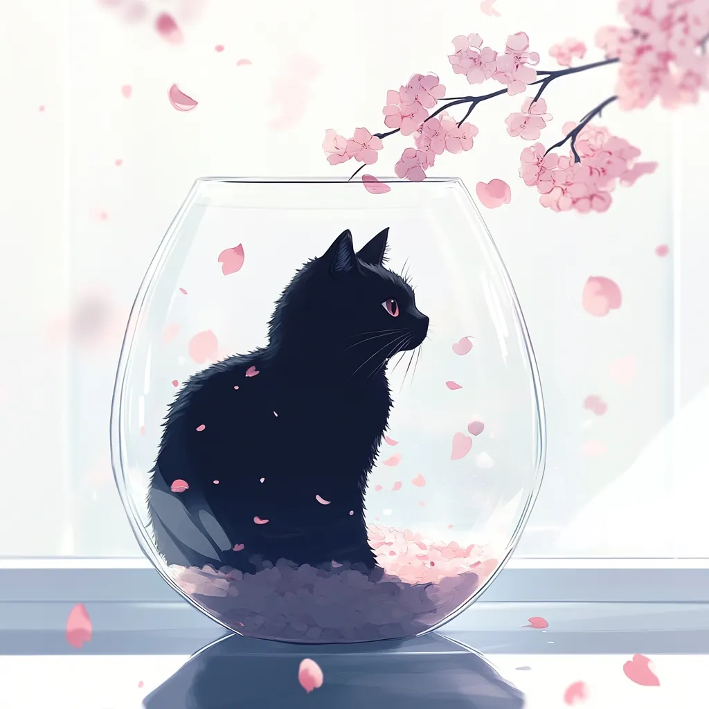 A sleek black cat sits serenely within a glass orb, nestled amongst delicate pink petals.  Falling cherry blossoms drift around the orb, creating a whimsical, ethereal scene. The cat gazes pensively towards a branch of blossoming cherry blossoms, bathed in soft, diffused light. The overall mood is calm and peaceful, with a gentle sense of magic.  The artwork's style is soft, dreamlike, and suggestive of anime or manga influence.