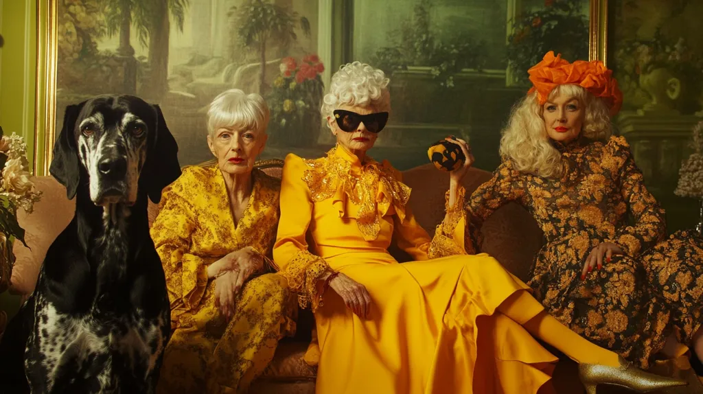 Three stylish elderly women pose for a portrait, seated on a plush sofa against a backdrop of a classical painting.  The central woman wears a vibrant yellow gown, while the women flanking her wear yellow patterned dresses.  A large, spotted dog sits beside them.  One woman holds a dark-colored object.  The overall aesthetic is rich and luxurious, evoking a sense of vintage glamour. The image is sharply focused and uses dramatic lighting.