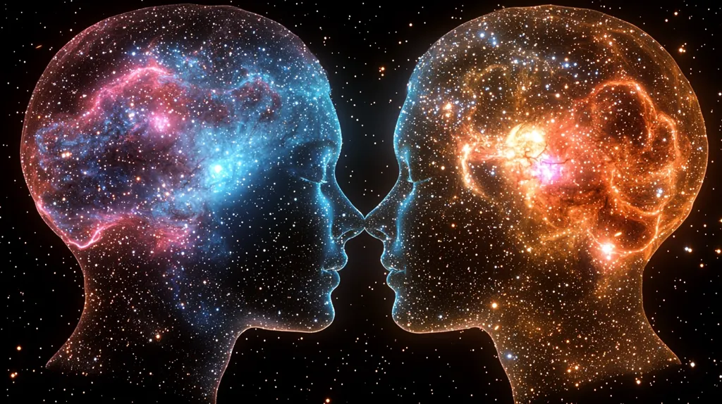 Here's a description of the image:

The image depicts two translucent heads facing each other, their profiles forming a heart shape.  Inside each head is a vibrant nebula, one a cool blue and pink, the other a warm orange and red.  The nebulae are intricately detailed, resembling galaxies within the confines of the heads, creating a striking contrast. The background is a deep black space speckled with distant stars.  The overall effect is surreal and symbolic, possibly representing the interconnectedness of consciousness or the vastness of the human mind.