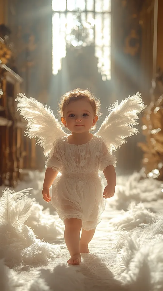 A cherubic toddler, adorned in a delicate white dress and large feathered angel wings, walks across a fluffy white surface.  Sunbeams stream through a large, arched window behind the child, creating a luminous and ethereal atmosphere.  The setting appears to be an ornate, possibly church-like, interior. The image evokes a sense of innocence and purity.