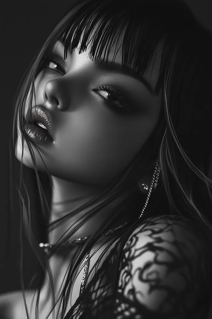 Here's a description of the image:

The monochromatic close-up captures a woman's face and upper body, her expression enigmatic.  Her dark hair, styled with blunt bangs that partially obscure her eyes, frames a face with strong features: high cheekbones, full lips, and a direct gaze. She wears a delicate necklace and a lacy top, hinting at a sensual but mysterious persona. The lighting is dramatic, focusing primarily on her face and highlighting the textures of her hair and clothing.  The overall mood is moody and alluring, creating a captivating portrait.