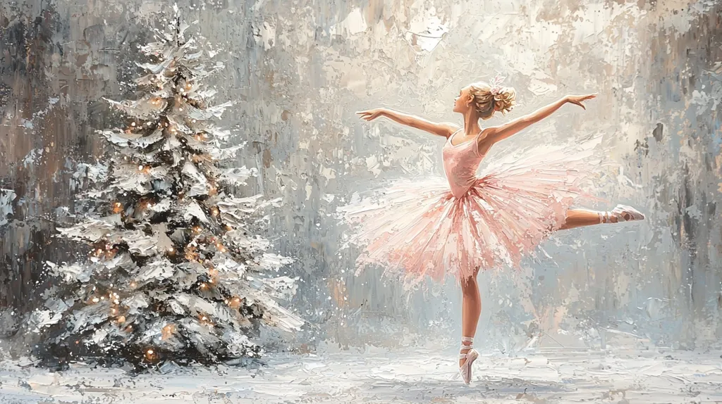 A painting depicts a ballerina in a pale pink tutu, gracefully poised in a pose of arabesque.  Her blonde hair is pulled back, and she stands before a snow-covered Christmas tree adorned with soft, warm lights. The background is a textured, silvery-grey, suggesting a winter scene. The artist's style is impasto, with visible brushstrokes adding to the overall ethereal and dreamy quality of the artwork. The scene evokes a feeling of peace and festive magic.