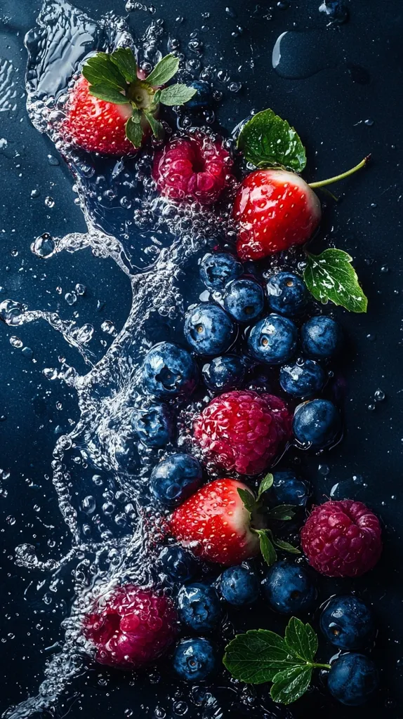 Here's a description of the image:

A vibrant close-up captures a medley of fresh berries – strawberries, raspberries, and blueberries – submerged in a splash of water against a dark blue background.  The water droplets create a dynamic, almost ethereal effect, highlighting the juicy textures of the fruit. The berries are artfully arranged, their bright colors contrasting sharply with the deep backdrop.  Green leaves add a touch of freshness, completing the visually appealing and appetizing scene.