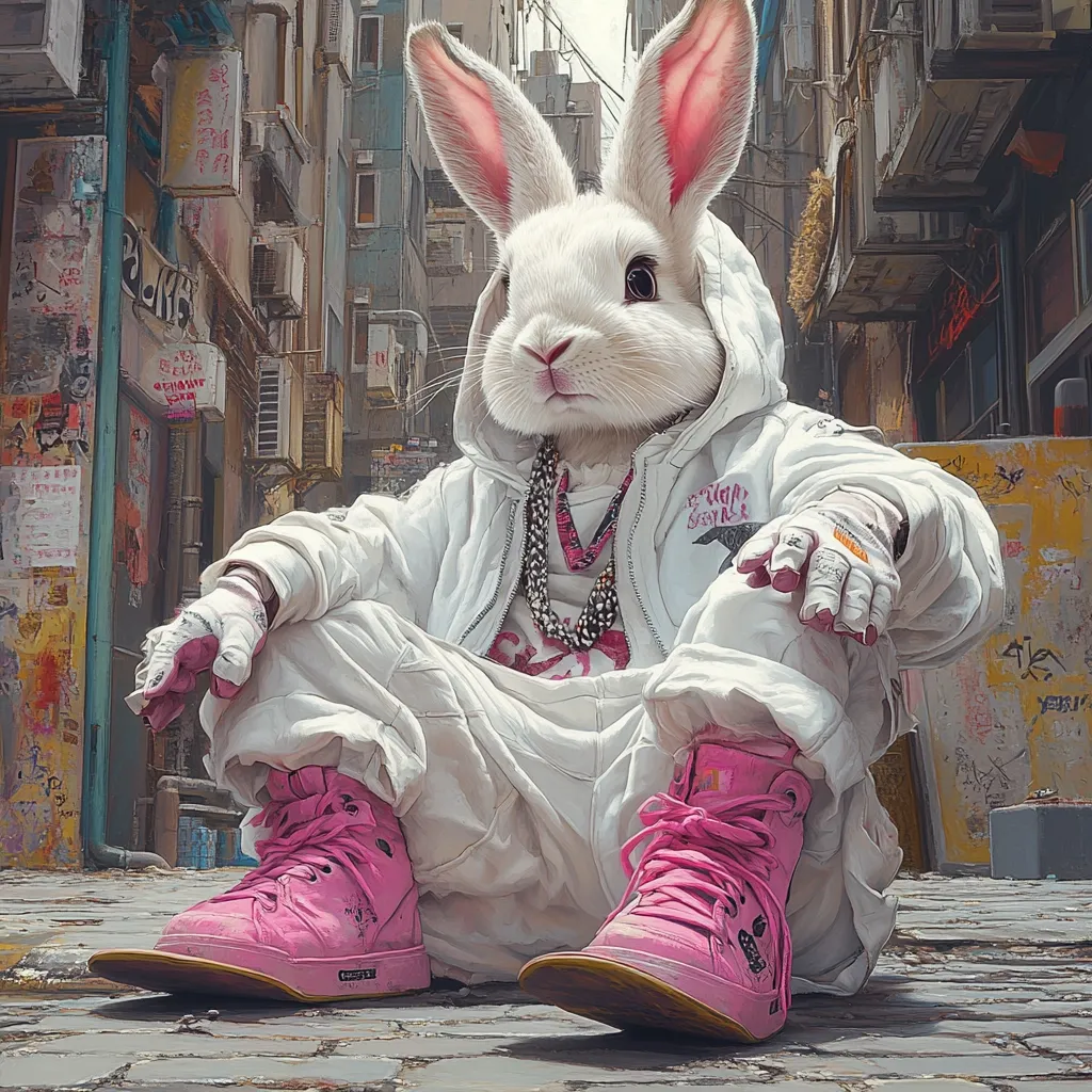 A white rabbit, anthropomorphized in a stylish white hoodie and pink high-top sneakers, sits on a cobblestone street in a gritty, urban setting. The background features a narrow alleyway with aged buildings covered in graffiti and Asian signage.  The rabbit displays a cool, nonchalant posture, its attire suggesting a blend of streetwear and hip-hop aesthetics. The image contrasts the soft features of the rabbit with the hard edges of its environment.
