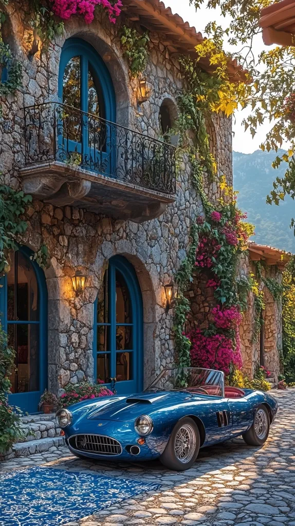 A vibrant image depicts a classic blue convertible parked before a rustic stone villa.  The villa features arched blue doorways and windows, a wrought-iron balcony, and is adorned with lush greenery and vibrant pink flowers.  The cobblestone driveway and a patterned rug add to the scene's Mediterranean charm.  The sunlight bathes the scene, creating a picturesque and idyllic setting.